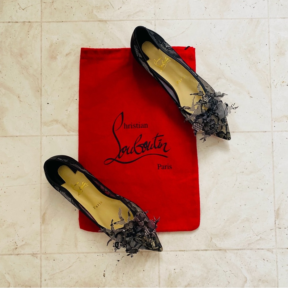 Christian Louboutin Delicatissima Black Satin Lace Pointed Toe Flats Size 8/38